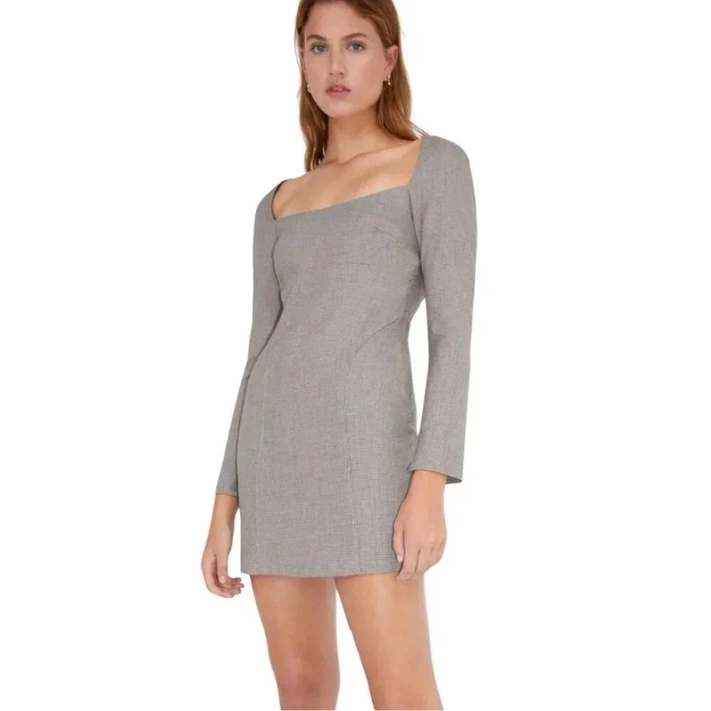 Zara Womens Size Large Square Neck Long Sleeve Plaid Mini Dress